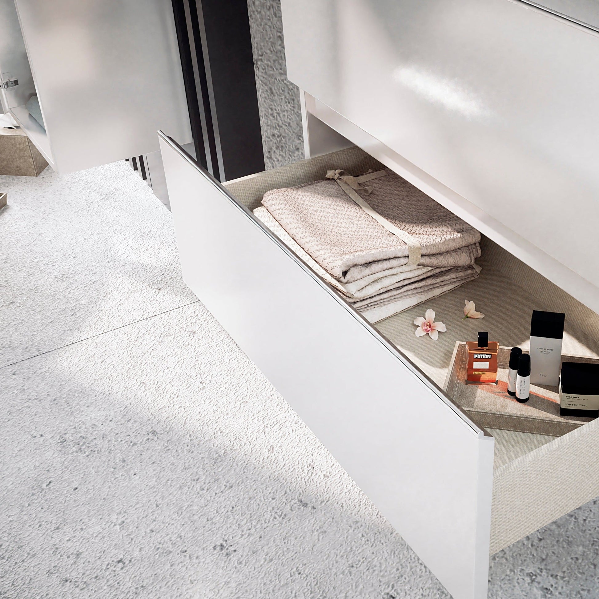 Patas cromadas y tiradores uñero – mueble blanco brillo baño