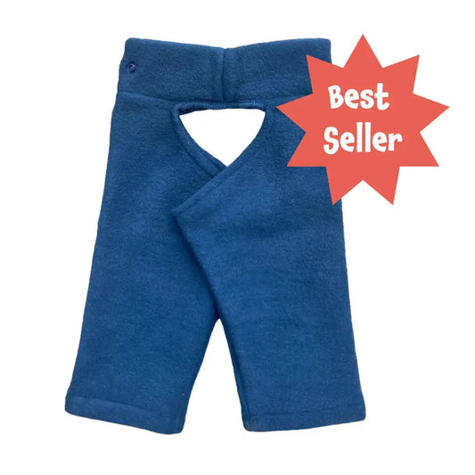 Navy blue fleece chappy-nappy pants with an open-seat design and a "Best Seller" star burst graphic.