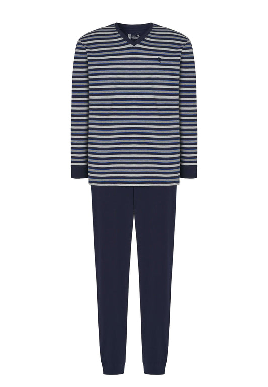 Pijama Hombre Largo Pico Algodón Punto Rayas - Gris 5307_22