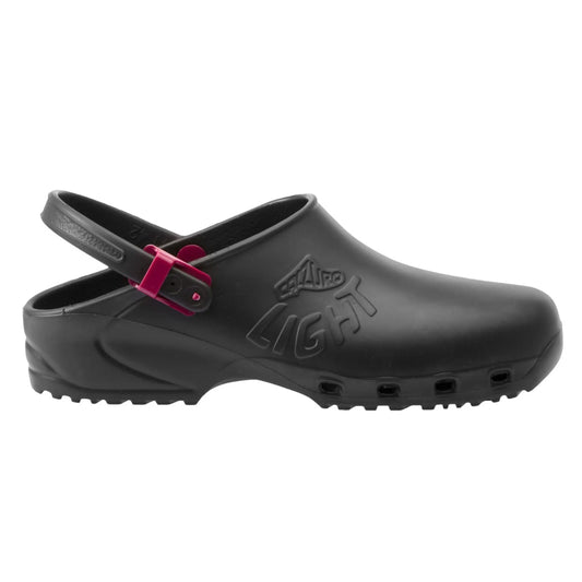 Black, lightweight, slip-on work clog with a pivoting heel strap, pink buckle accents, and side ventilation holes.