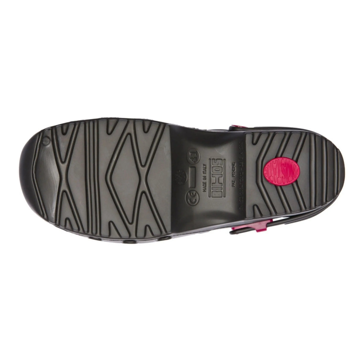 Black rubber clog sole with patterned tread, size 41, Made in Italy, featuring a round pink anti-static insert.