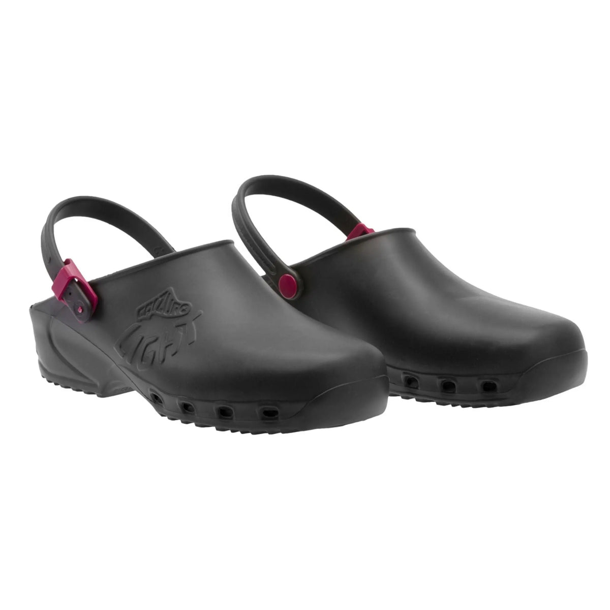 Black lightweight rubber clogs with heel straps, pink accents, and side ventilation holes on a white background.