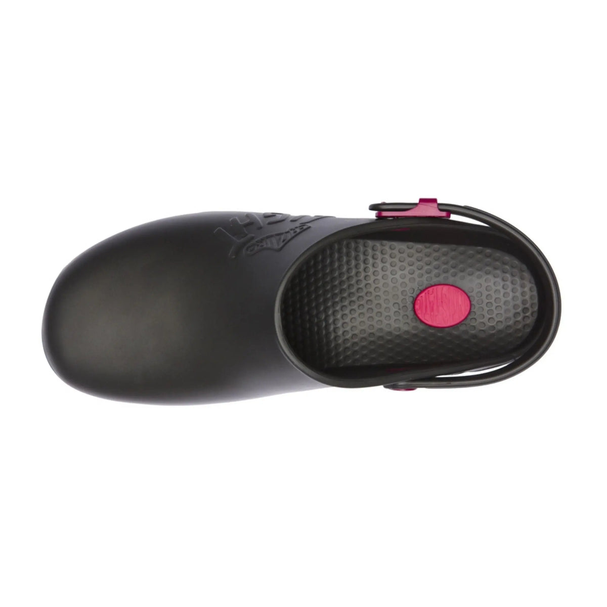 Black, lightweight slip-on medical clog with a textured insole, a pink logo circle, and a matching pink back strap.