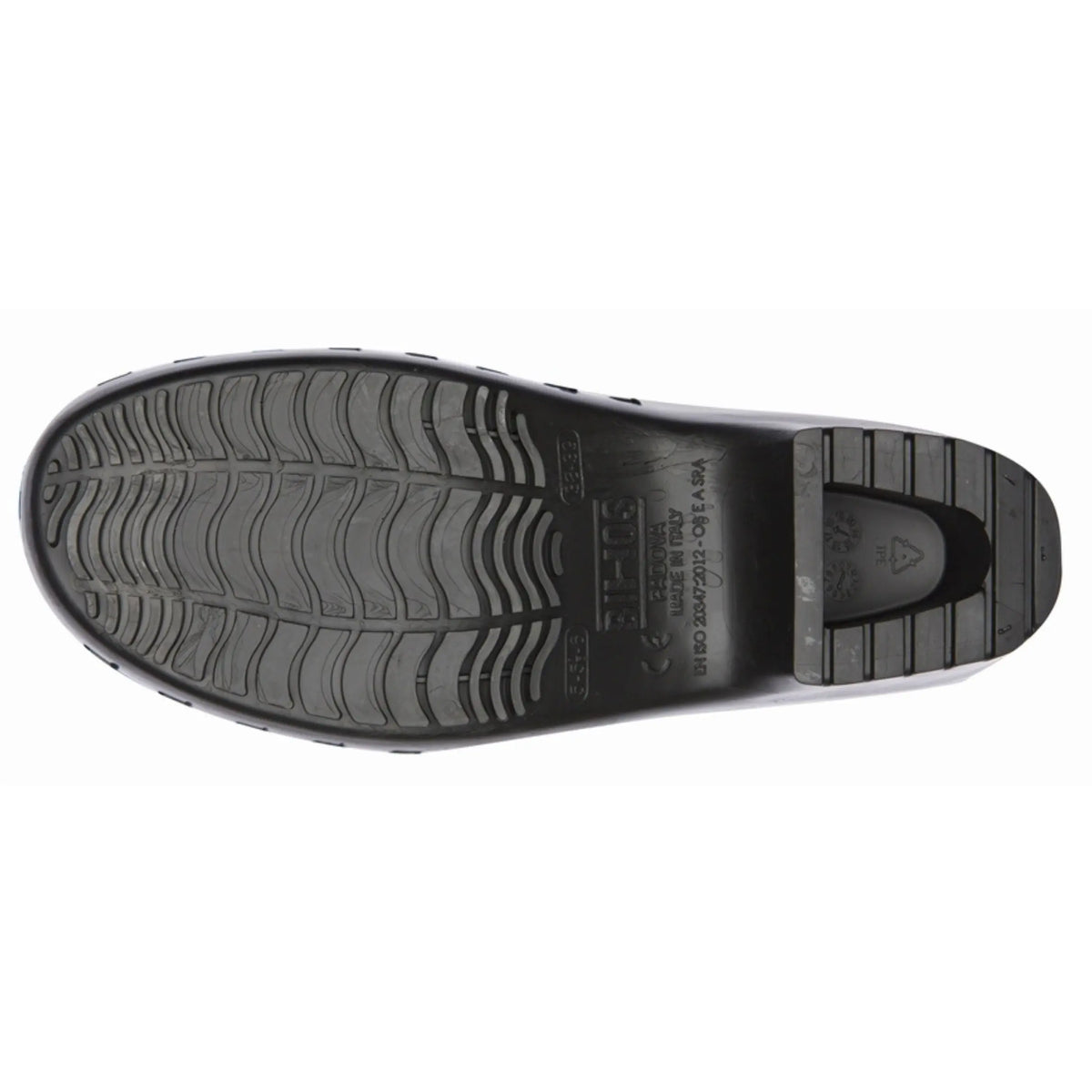 Black rubber clog outsole with wavy tread pattern, heel indentation, and embossed technical specifications.
