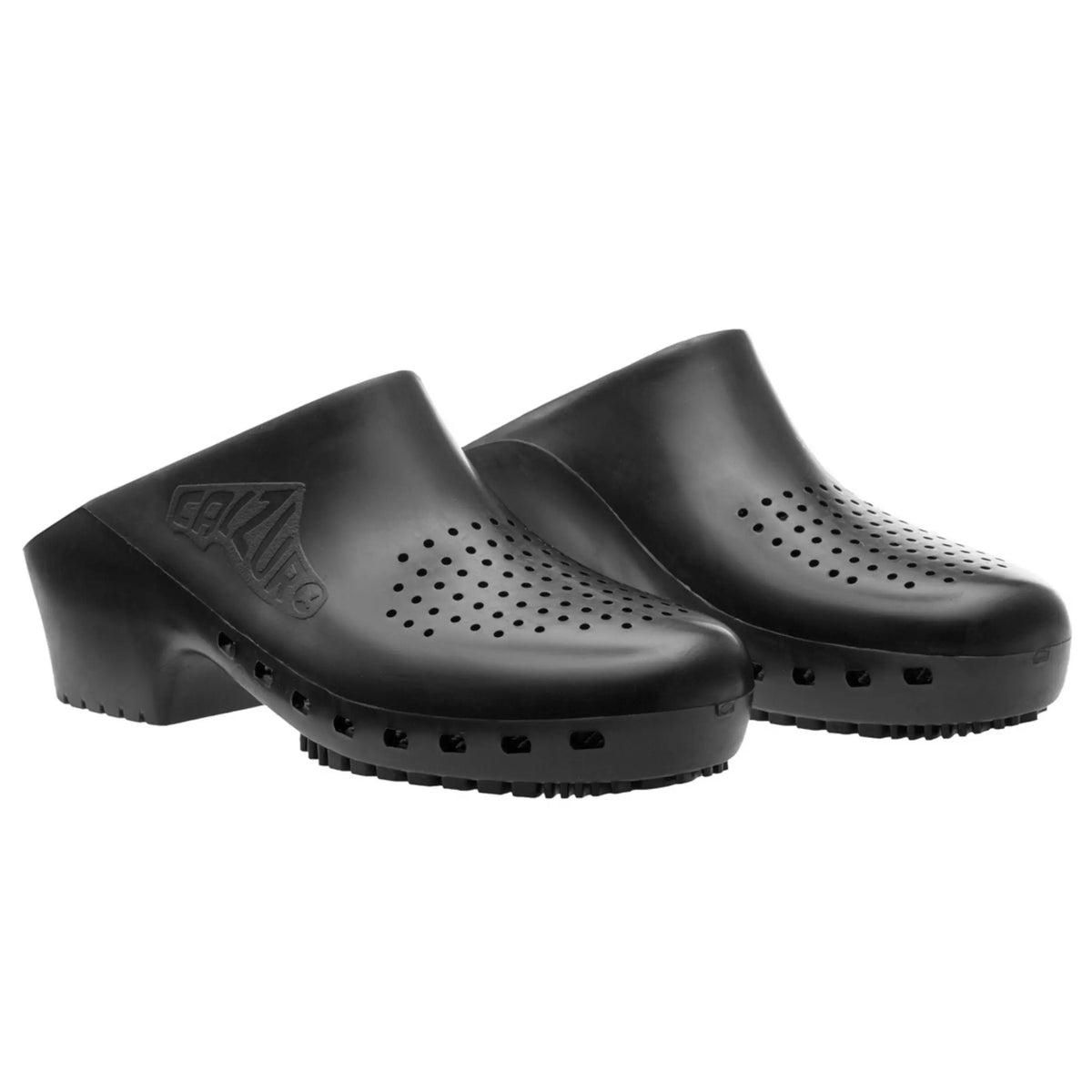 Black rubber clogs with perforated tops, side ventilation holes, and a low-heeled, slip-on silhouette.