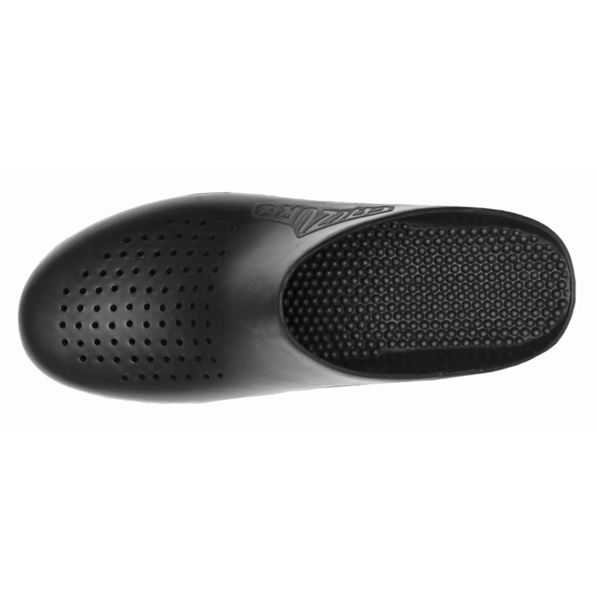 Black rubber clog with a perforated toe, textured insole, and Calzuro logo on the side, viewed from above.