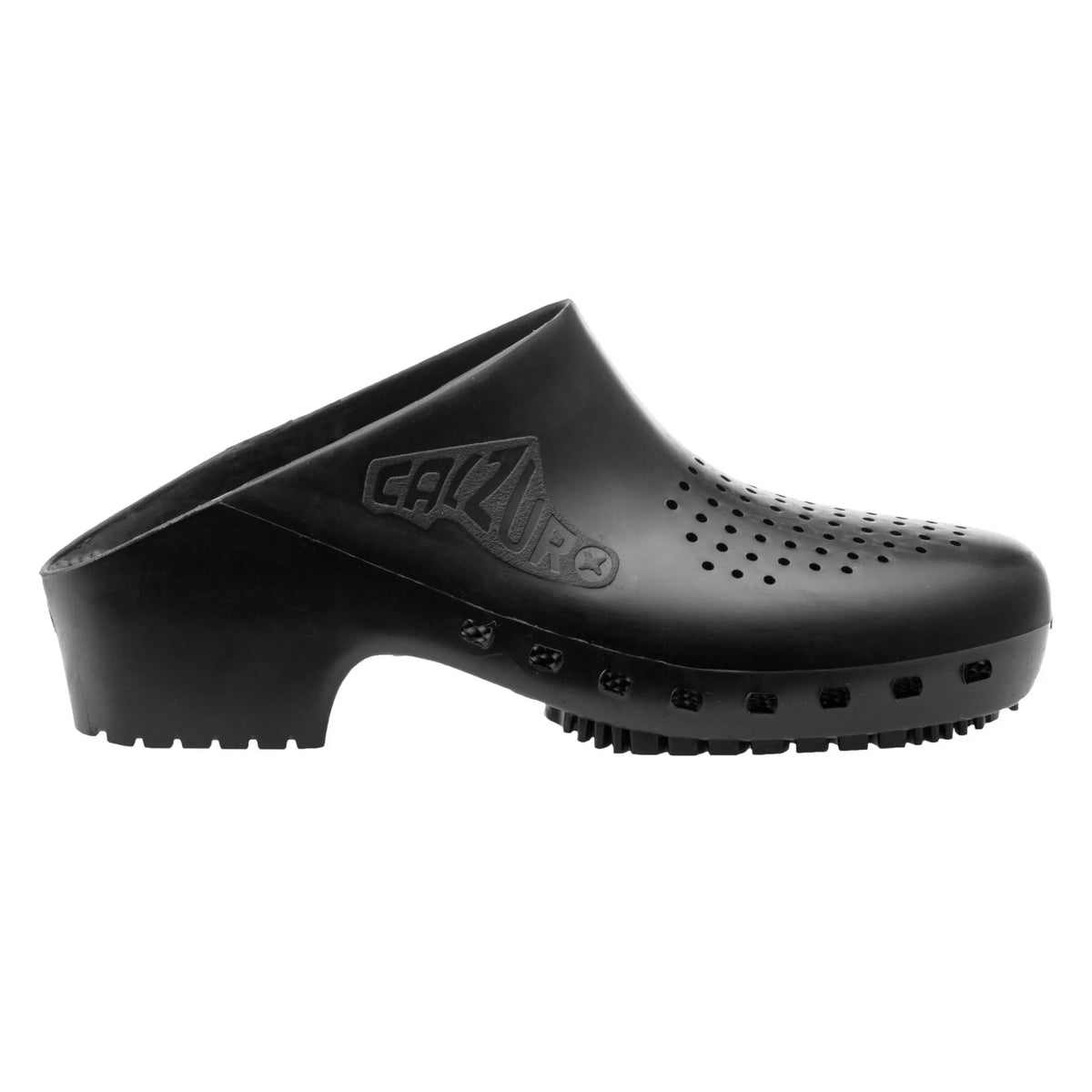 Black Calzuro professional slip-on clog with ventilation holes on the upper and sides, and a sturdy treaded sole.