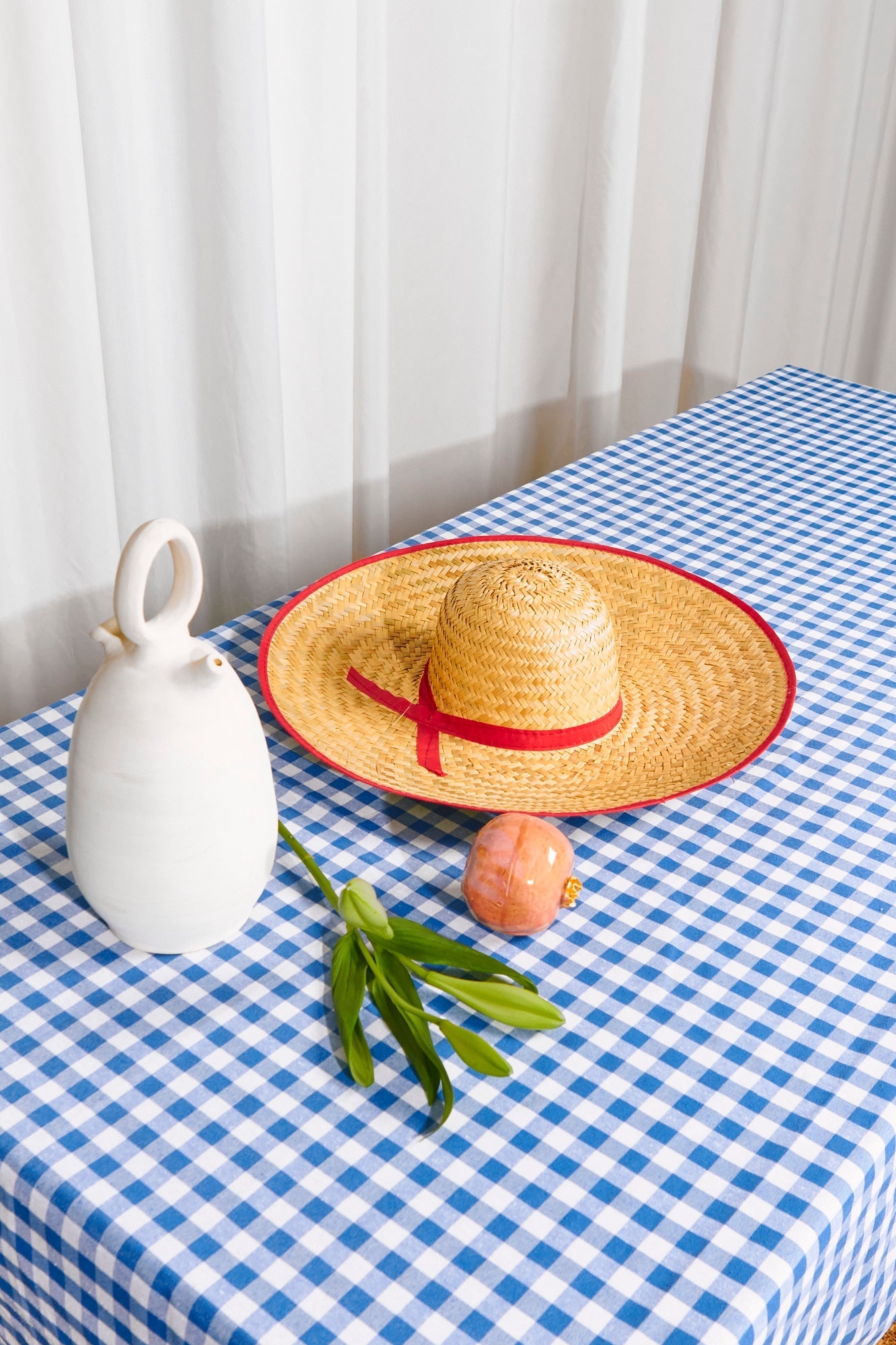 Sombrero de paja con cinta roja, jarrón blanco, esfera rosada y planta verde sobre mantel a cuadros azul y blanco.