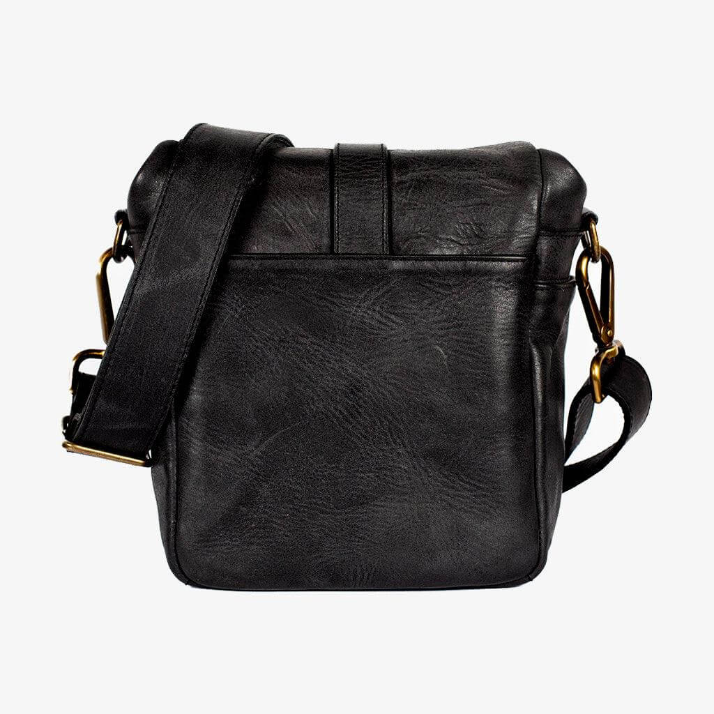 Berlin Black Leather Camera Bag front view with pockets and brass closure