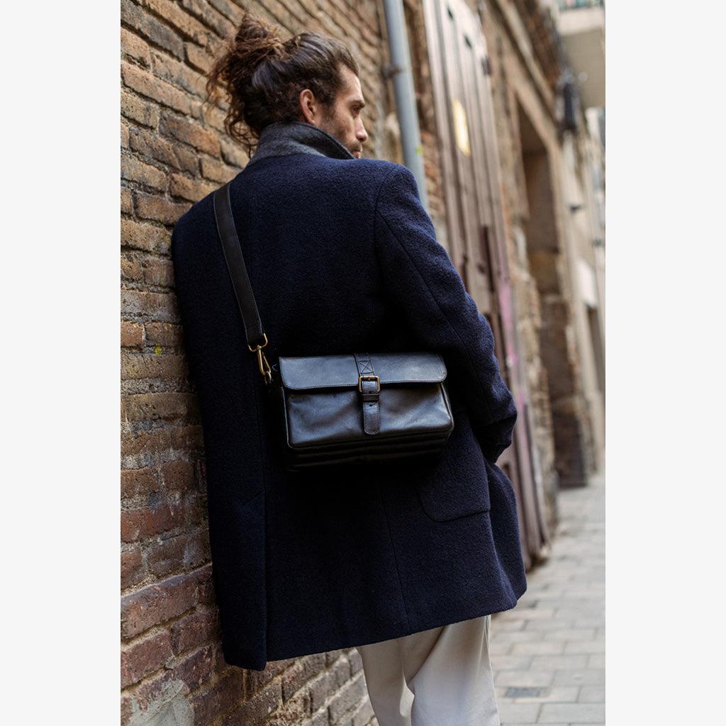 Paris black leather camera bag – Handmade camera bag