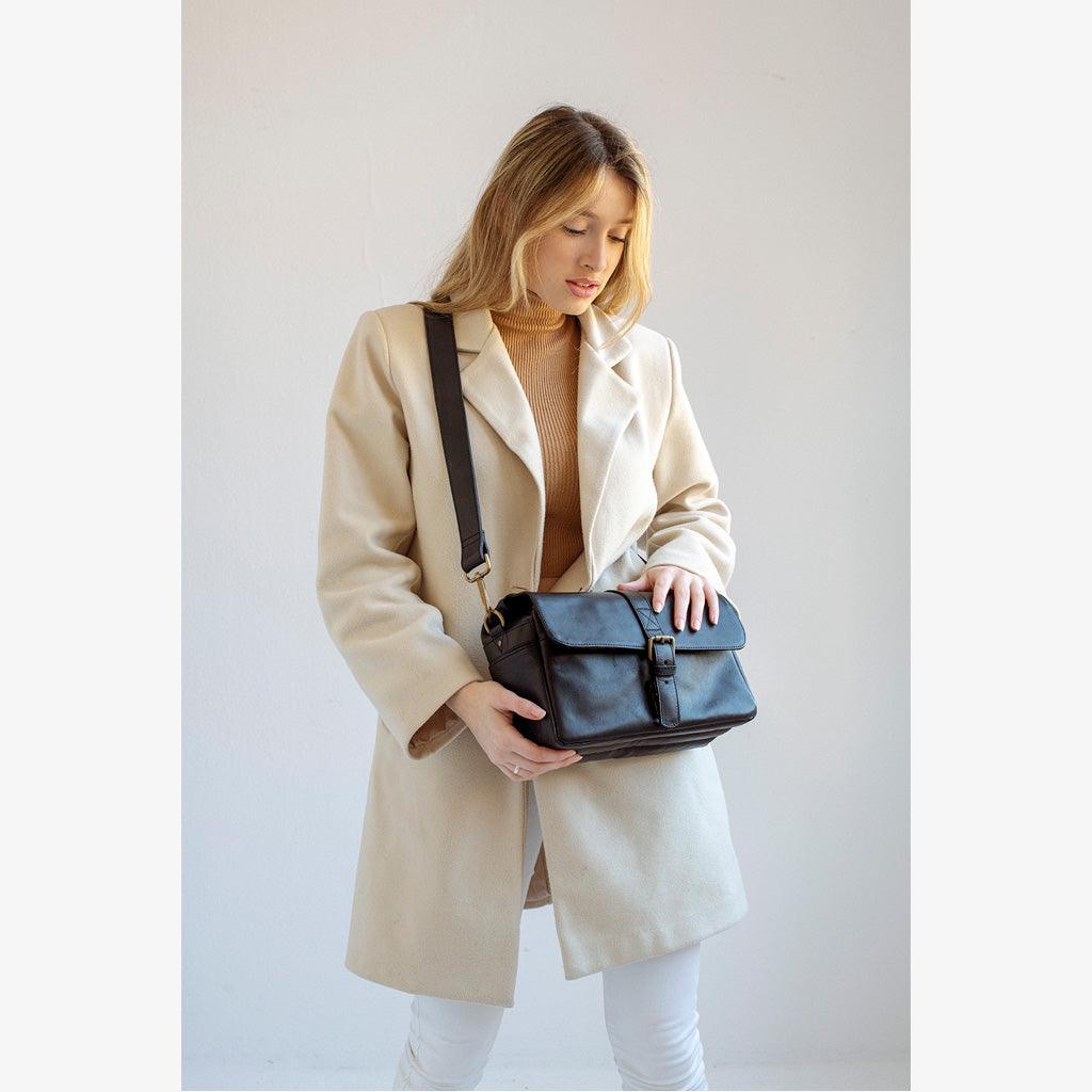 Paris black leather camera bag