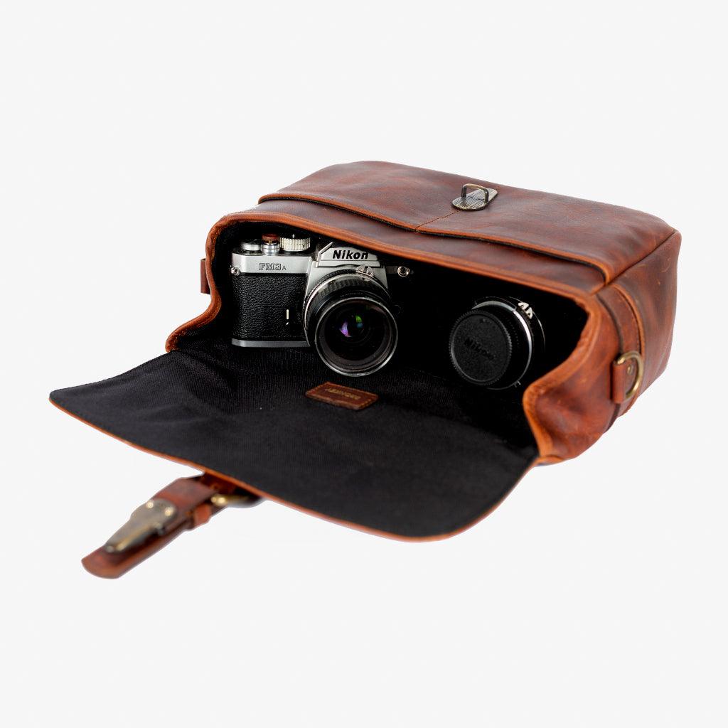 Handmade leather camera bag with removable divider for camera gear
