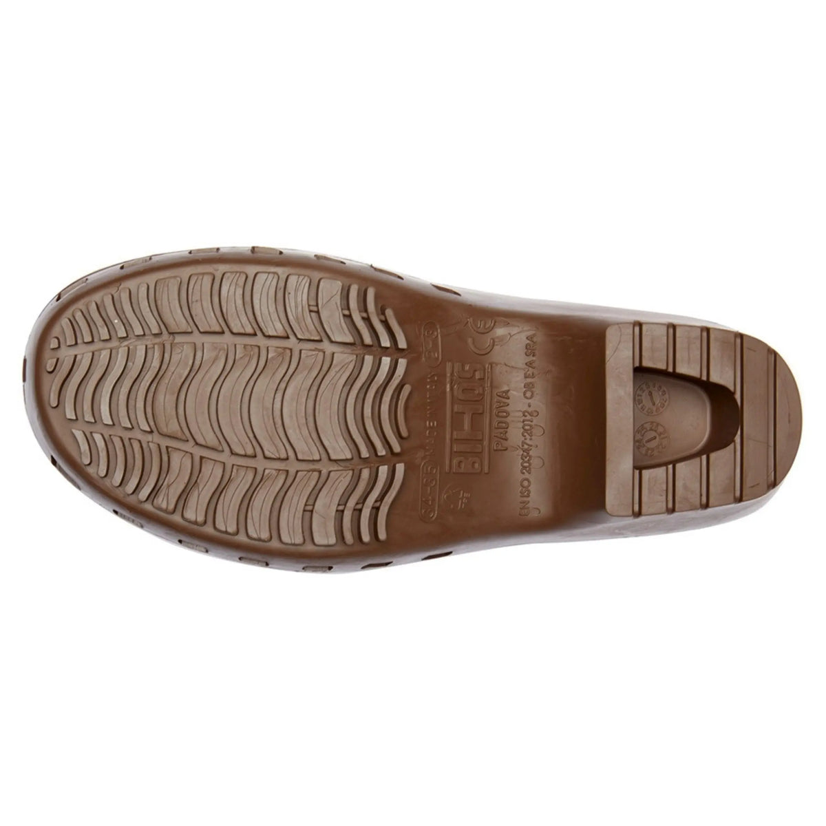 Brown, slip-resistant clog sole with a textured tread pattern and stamped size and safety certification markings.