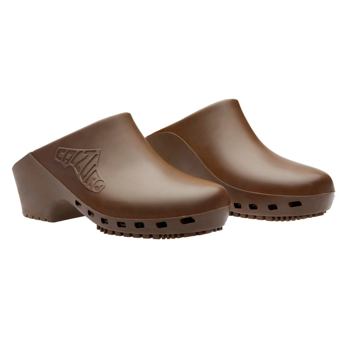 Brown, closed-toe slip-on clogs with a solid upper and a textured, lugged sole for traction on a white background.