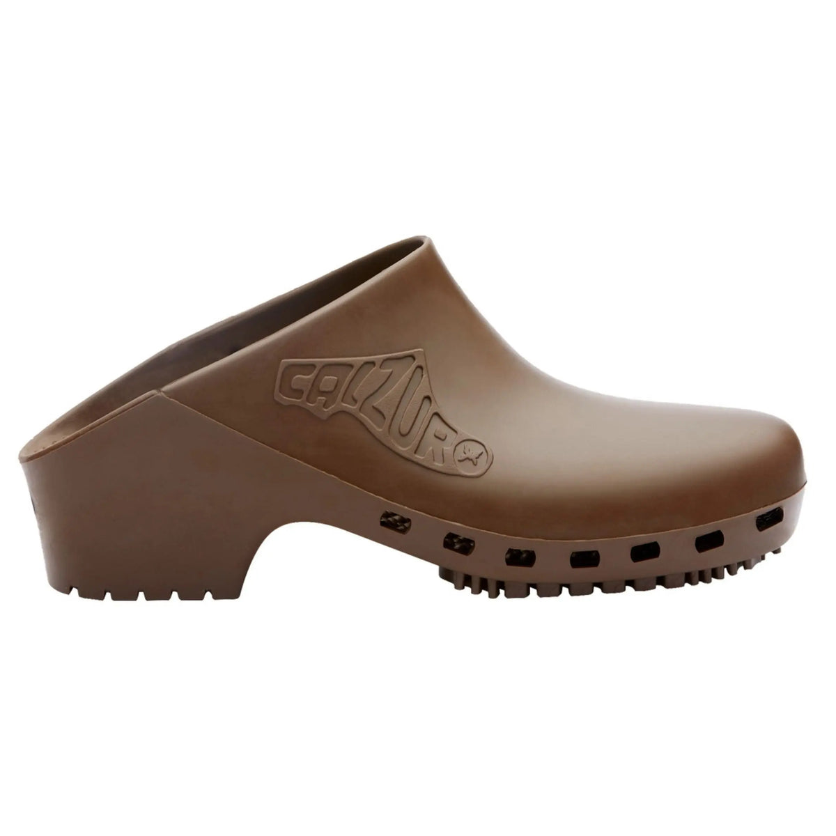 Brown, slip-on molded clogs with a closed-toe design, textured rubber soles, and side branding on a solid background.