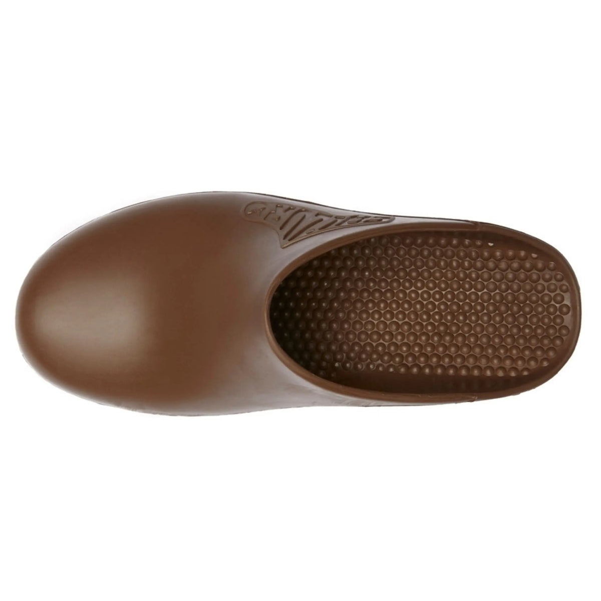 Top-down view of a solid brown, hole-free rubber clog with a textured, studded footbed and molded logo.
