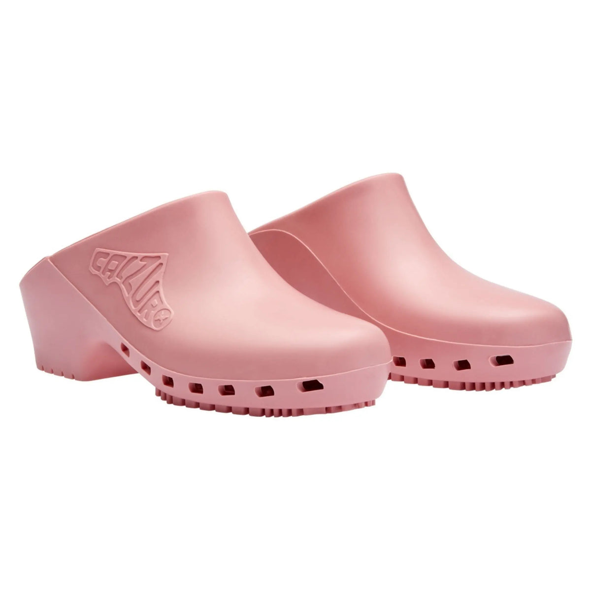 Bubblegum-pink rubber clogs with a solid, hole-free top, wedge heel, and embossed logo on the side.