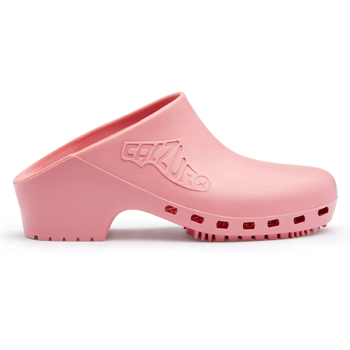 Bubblegum pink, solid-topped rubber professional clog with a low heel and textured, non-slip sole.