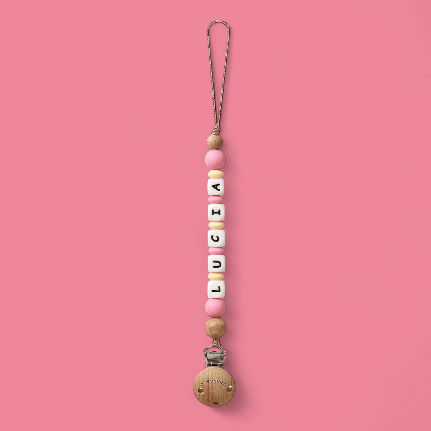 Chupetero Personalizado Rosa chicle con Nombre en Silicona Orgánica | Nenina & Co.