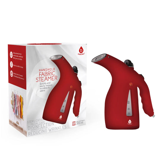 A red, ergonomic handheld garment steamer with a 300ml water tank next to its product packaging.