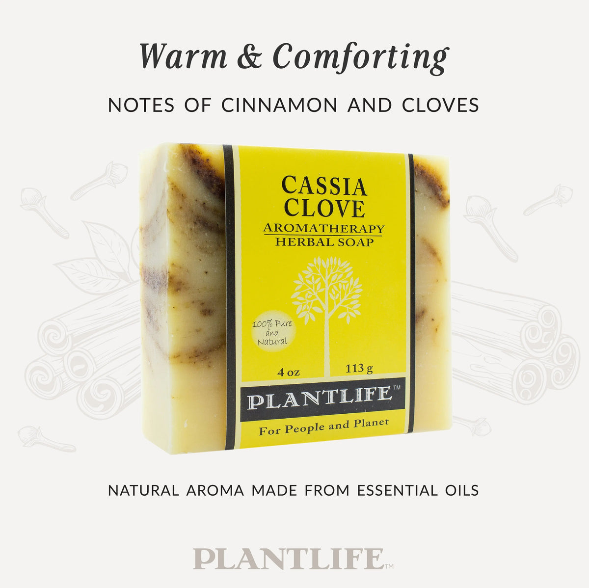 A rectangular bar of Cassia Clove soap with a yellow label, featured against an illustration of cloves and cinnamon.