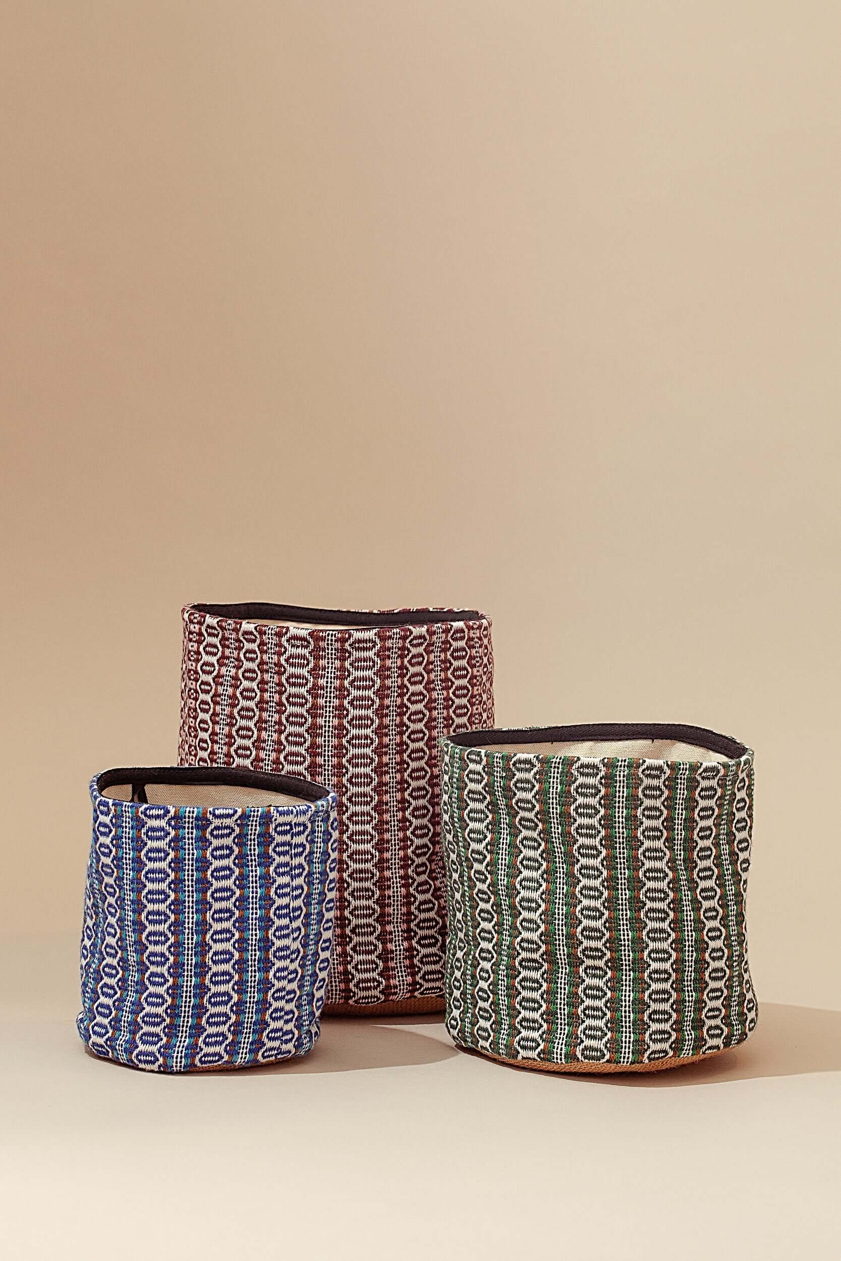 Set 3 cestos ojo de perdiz azul verde granate diferentes tamaños - organizadores multiusos retro hecho España