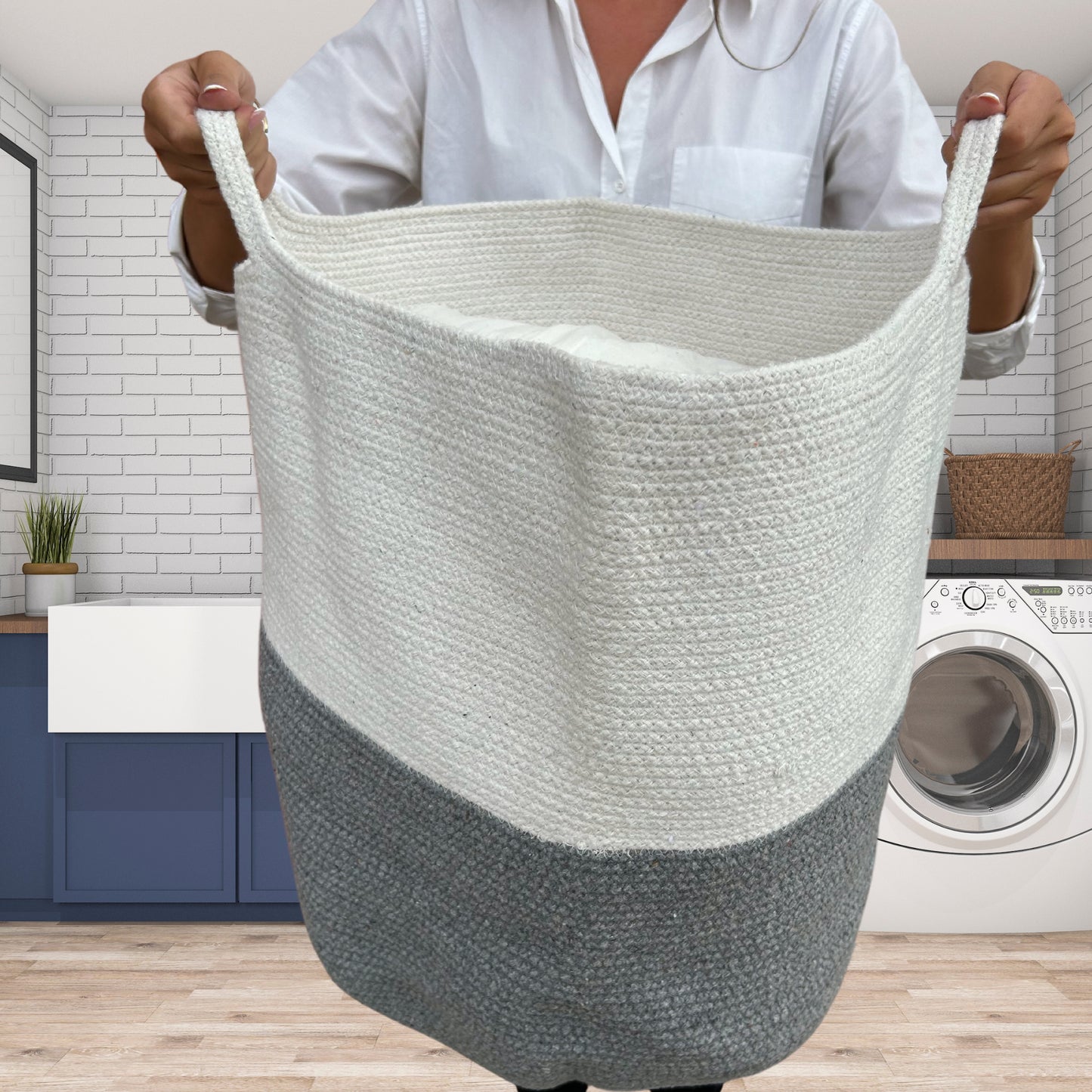 Cesto grande de cuerda de algodón gris ideal para ropa y textiles