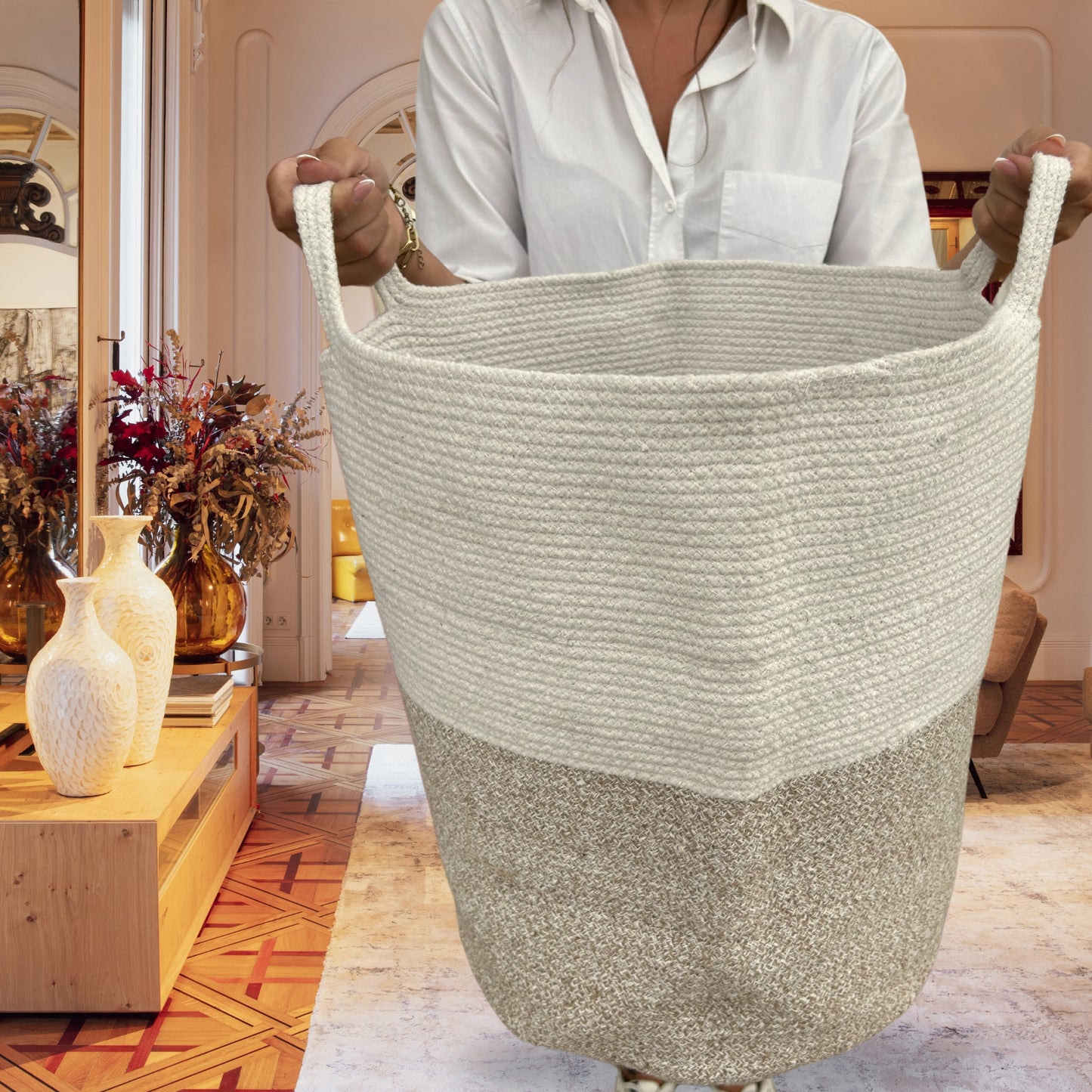 Cesto grande de cuerda de algodón decorativo para dormitorio y baño