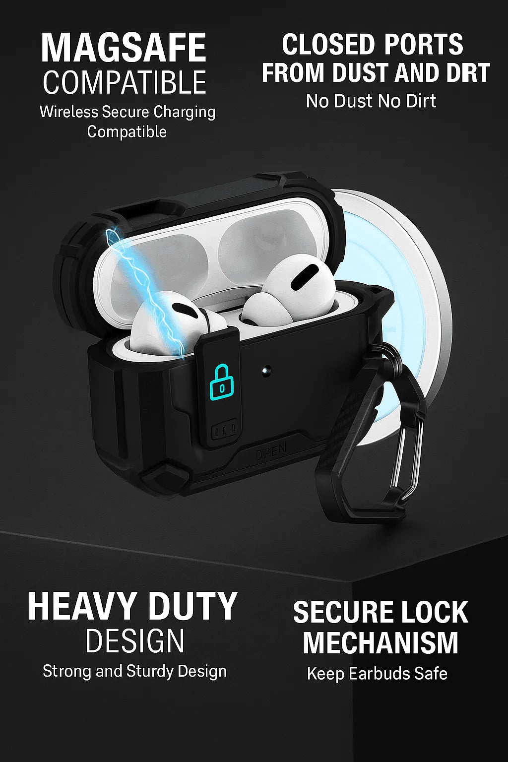 Rugged black AirPods Pro case with secure lock, carabiner, and MagSafe wireless charging compatibility.