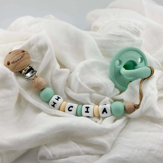 Kit Chupete Clásico Mint de Silicona + Chupetero con Nombre | Nenina & Co.