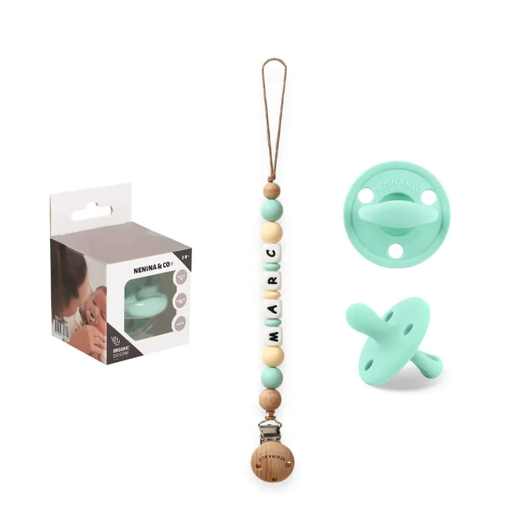 Kit Chupete Clásico Mint de Silicona + Chupetero con Nombre | Nenina & Co.