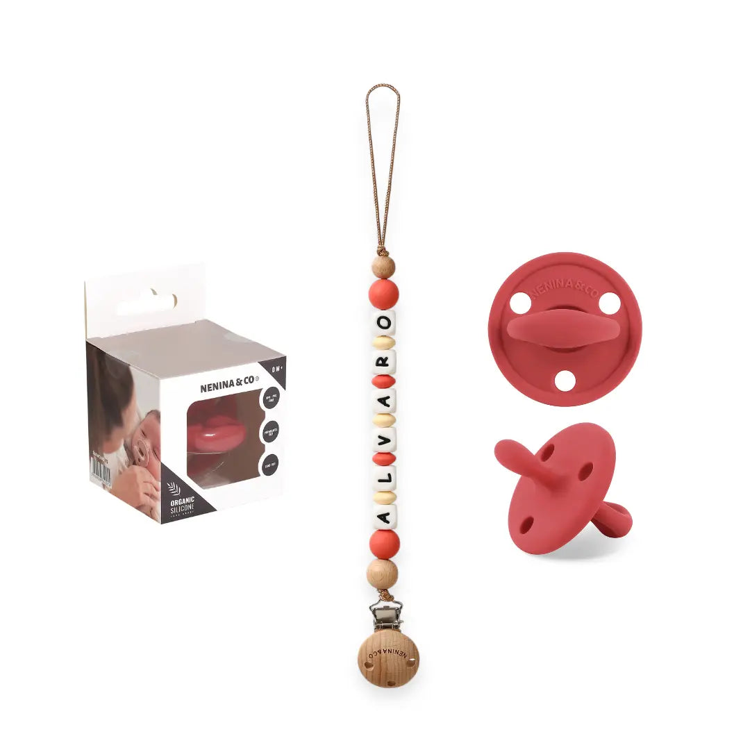 Kit Chupete Diamond Rojo de Silicona + Chupetero con Nombre | Nenina & Co.