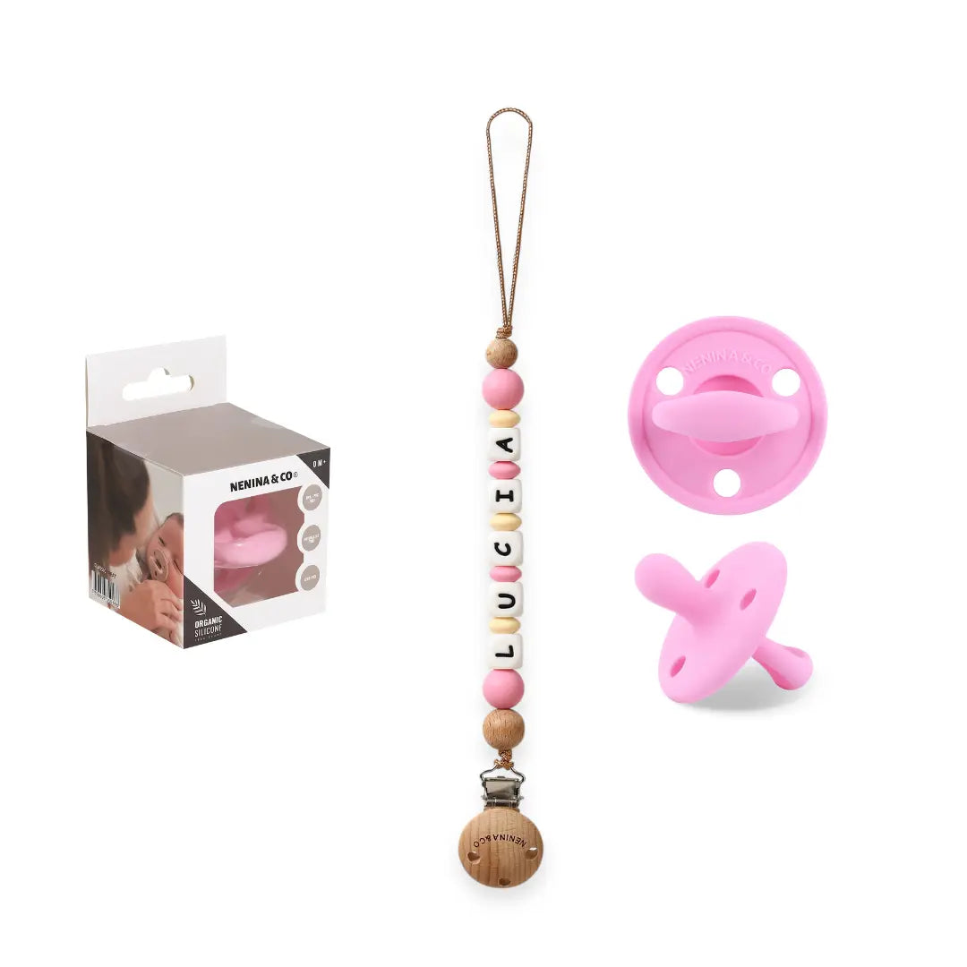 Kit Chupete Clásico Rosa chicle de Silicona + Chupetero con Nombre | Nenina & Co.