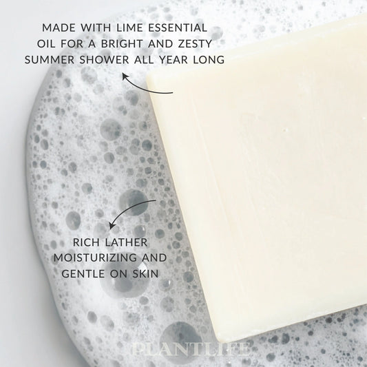 A rectangular off-white bar of soap rests on a grey surface with a rich, foamy lather and overlaid text.