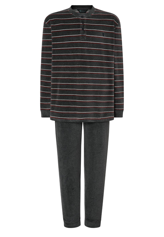Pijama Hombre Invierno Terciopelo Rayas Gris - Cálido y Elegante