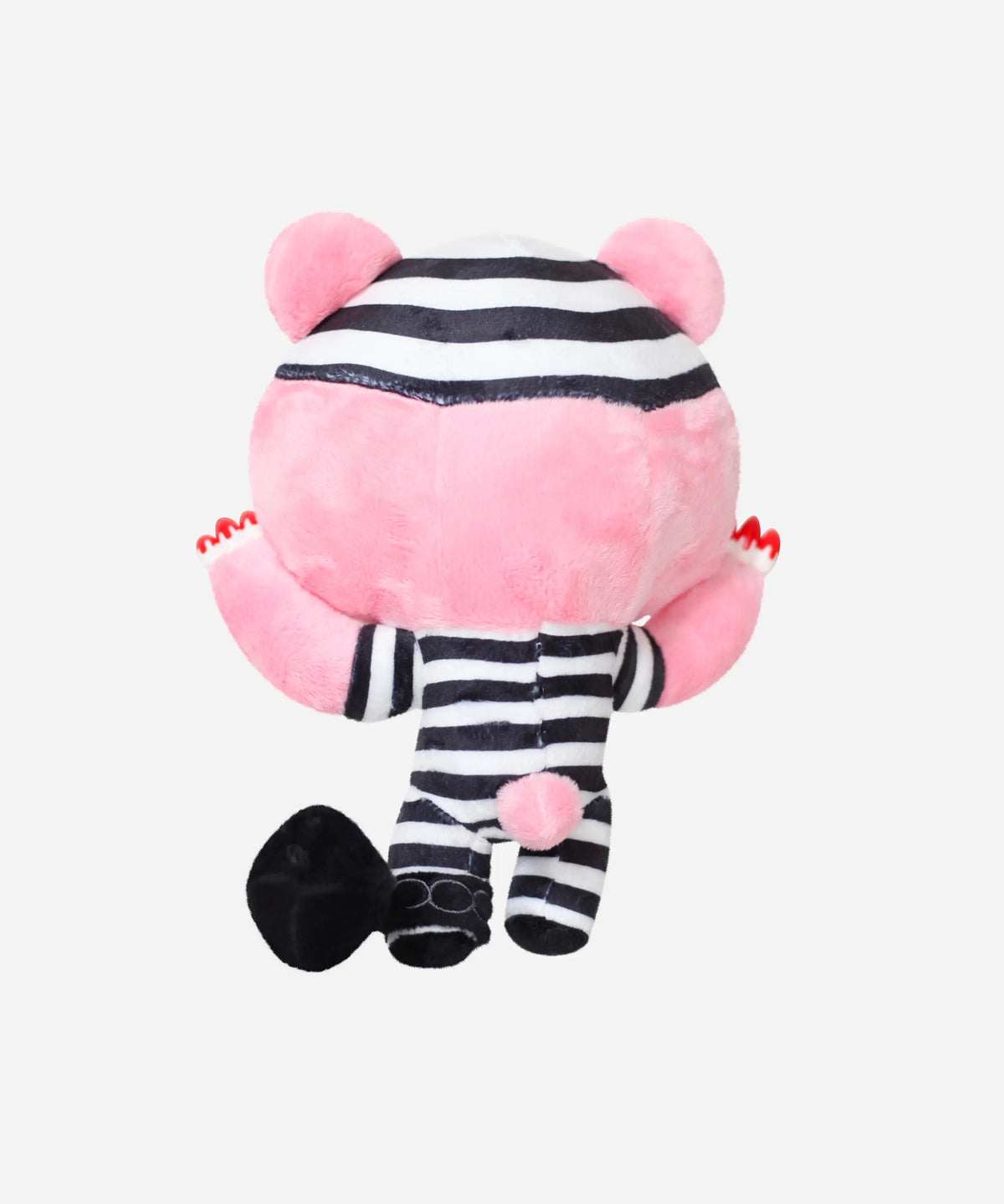 Pink Gloomy Bear plush in a black-and-white striped convict uniform with a black ball and chain attached to its foot.