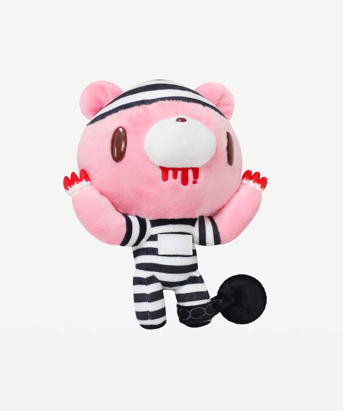 8" pink Gloomy Bear plush in black-and-white striped prison outfit with red claws, blood stain, and black ball-and-chain.