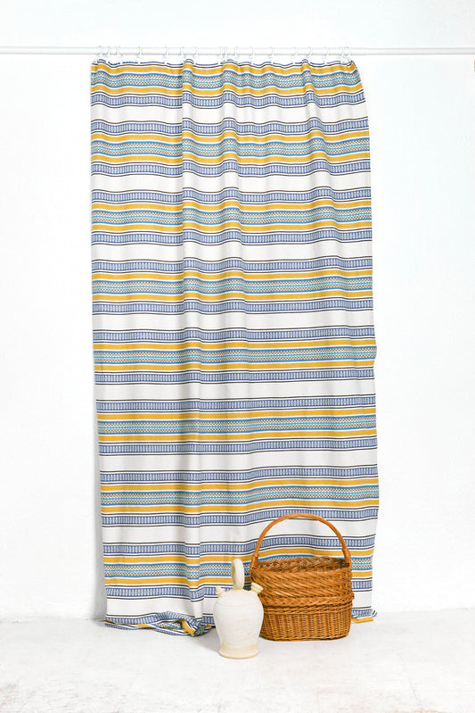 Cortina de rayas azules y amarillas, 100% algodón, estilo moderno, con cesto de mimbre y jarra decorativa.