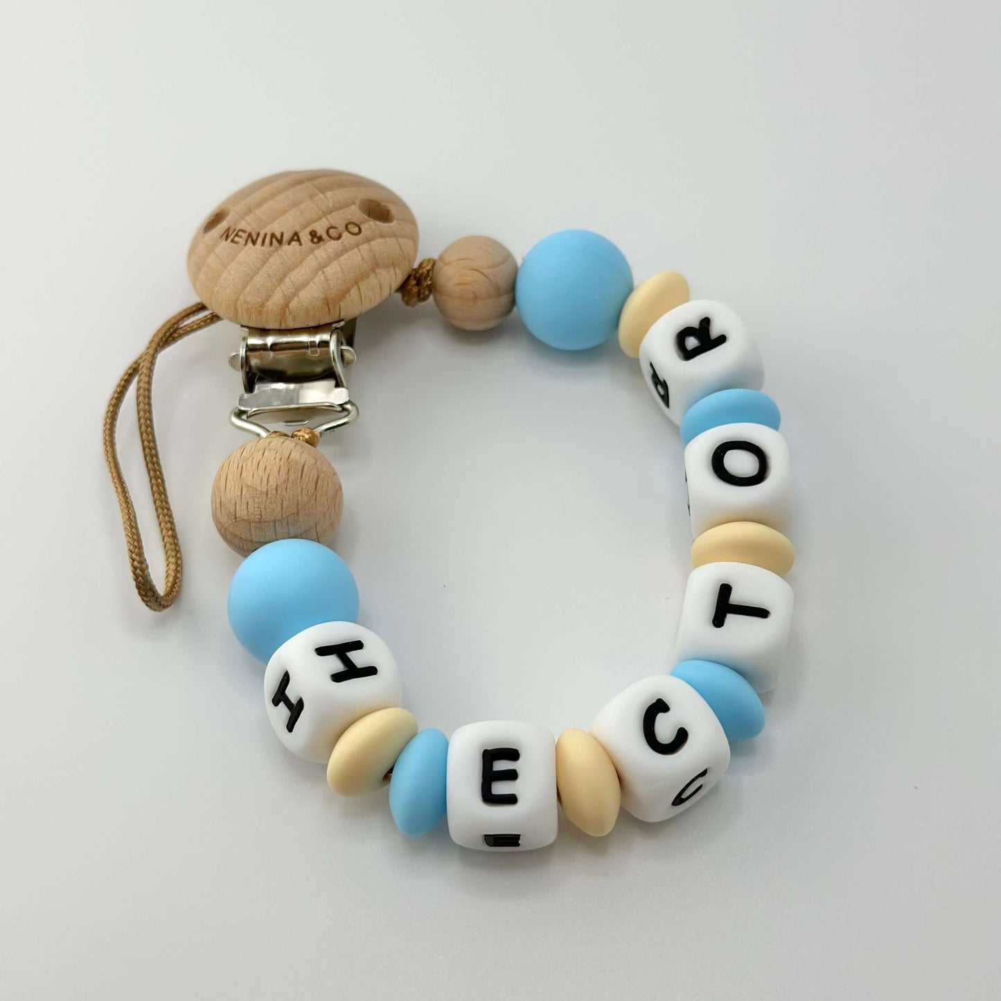 Kit Chupete Clásico Celeste  de Silicona + Chupetero con Nombre | Nenina & Co.