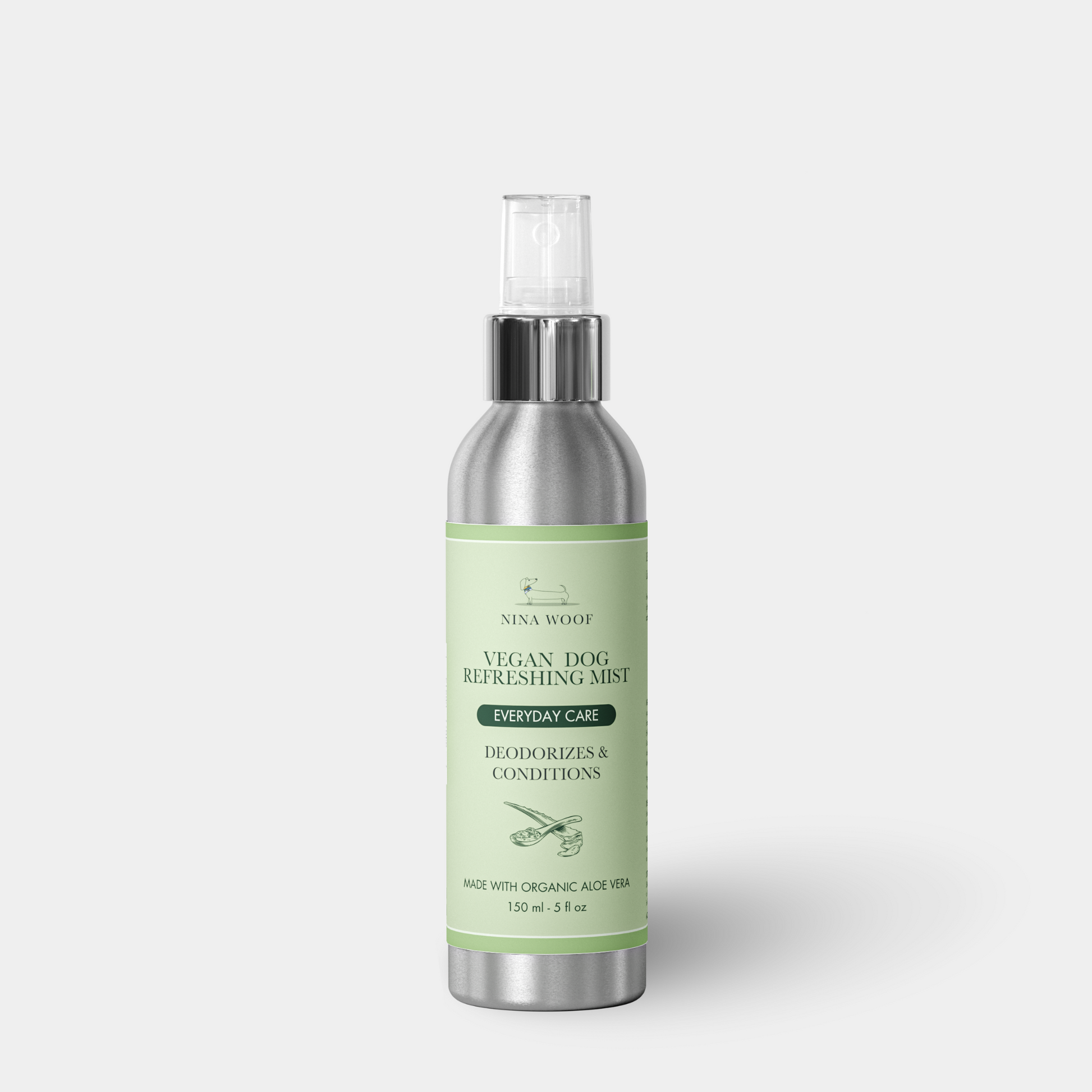 Bruma refrescante vegana para perros, con aloe vera orgánico, en botella de aluminio plateado, 150 ml.