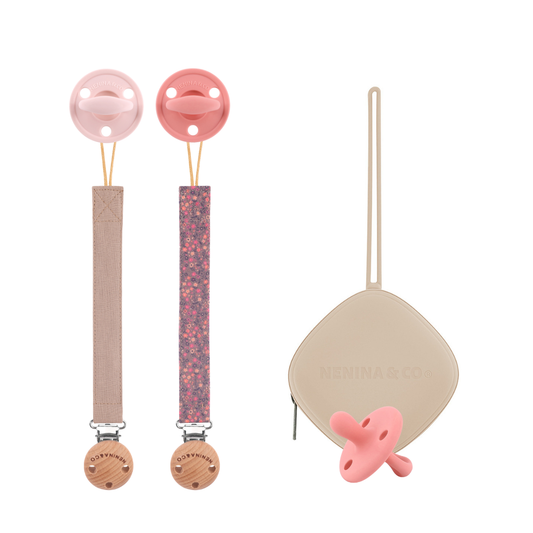 Kit Nenina & Co Rosa pálido + Rosa| 2 Chupetes + 2 Chupeteros + Guardachupete
