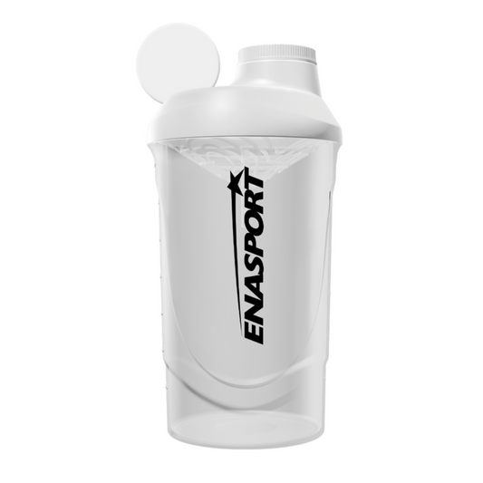 White plastic shaker bottle with a black ENASPORT logo and a twist-open lid, ideal for mixing drinks and supplements.
