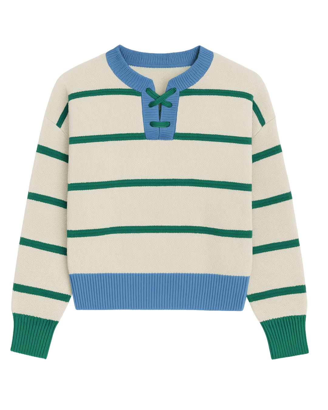 Suéter de rayas crema con verde y azul, elaborado en algodón, estilo casual con detalle de cordones en el cuello.