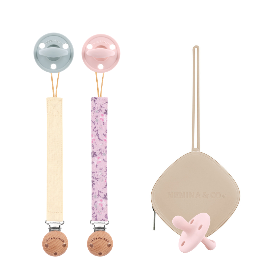 Kit Nenina & Co Gris + Rosa pálido| 2 Chupetes + 2 Chupeteros + Guardachupete