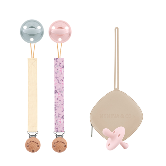 Kit Nenina & Co Gris + Rosa pálido| 2 Chupetes + 2 Chupeteros + Guardachupete