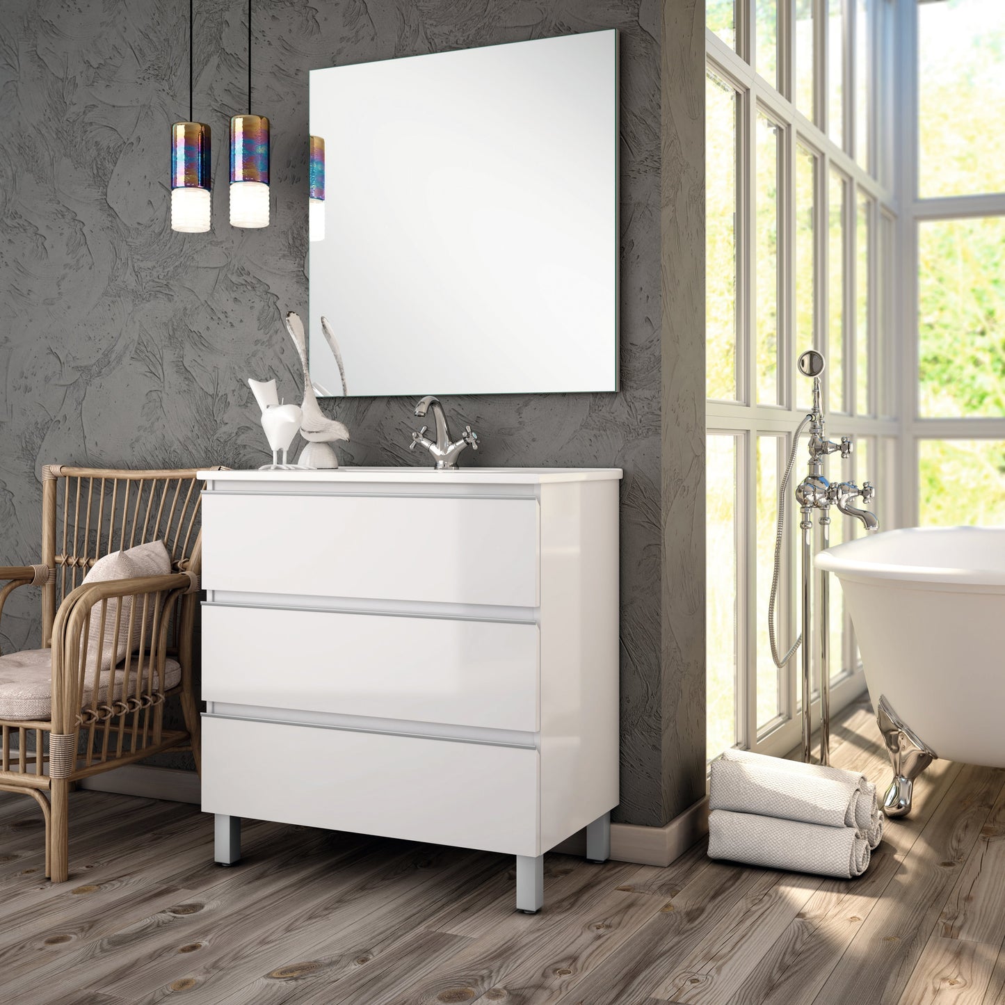 Mueble blanco brillo baño con 3 cajones y patas cromadas
