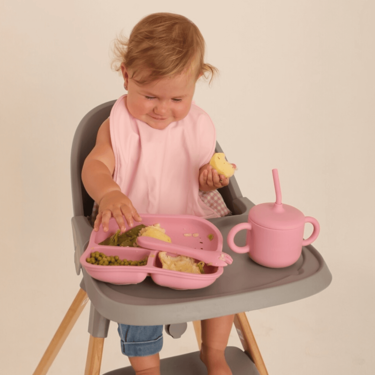 Kit Deluxe Vajilla + Babero BLW Pink 9 Piezas de Silicona orgánica con ventosas Nenina & Co