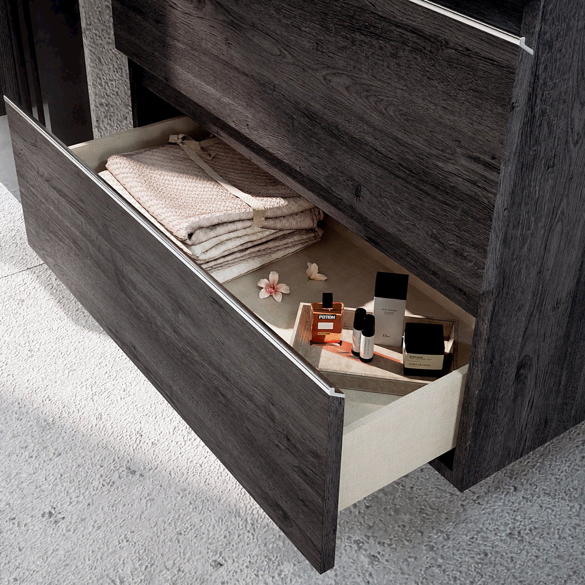 Detalle cajones con cierre amortiguado – mueble ebony baño