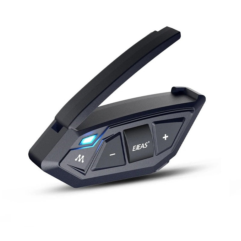 EJEAS Bluetooth headset controller in black with blue LED, featuring adjustable volume and call buttons for easy access.
