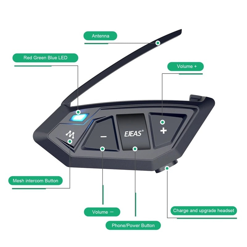 EJEAS Bluetooth intercom control unit, black with blue LED, volume buttons, and antenna for hands-free communication.